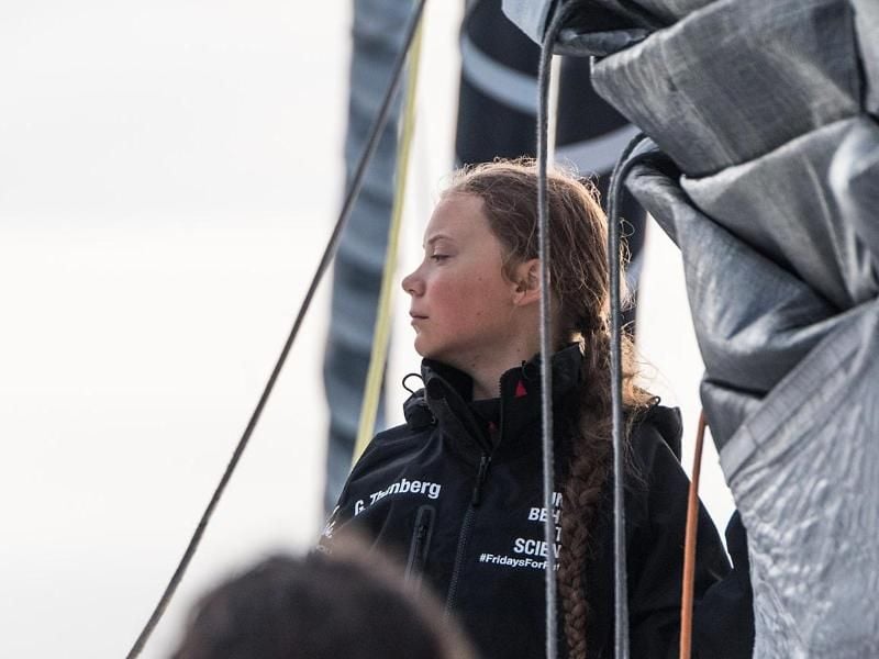 Greta Thunberg an Bord der Hochseejacht „Malizia” bei ihrer Ankunft an der Küste der USA. Foto: Jen Edney/Team Malizia