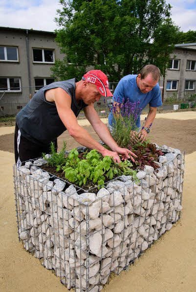 René Müller (l.) und Frank Merres kümmern sich ums neue Kräuterhochbeet.
