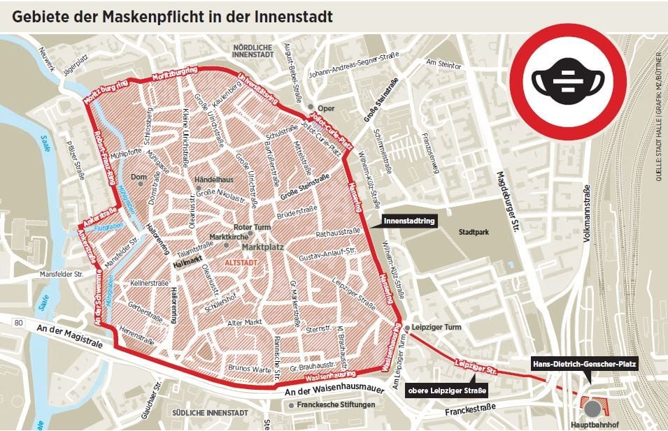 Innerhalb des roten Bereiches muss ab sofort eine Mund-Nasen-Bedeckung auch im öffentlichen Raum getragen werden.