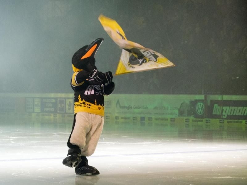 Die aktuelle Saison können die Krefeld Pinguine zu Ende spielen. Maskottchen „Kevin” feuert die Zuschauer an. Foto: Bernd Thissen/dpa