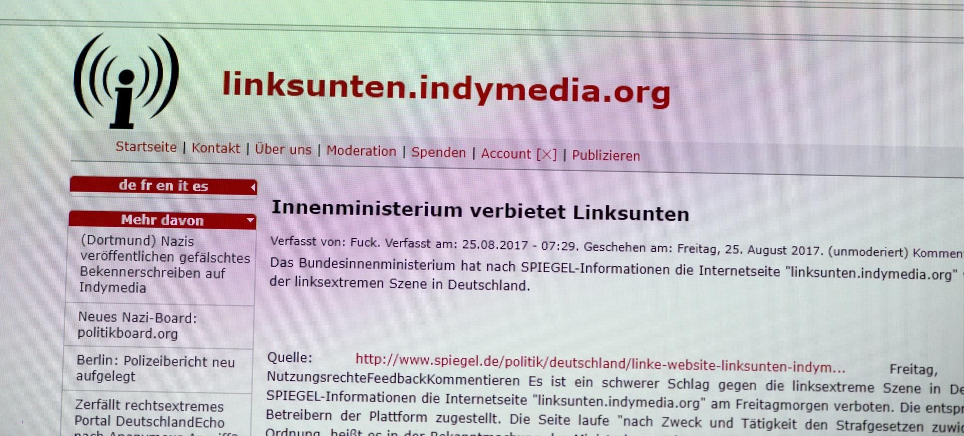 Die Aufnahme zeigt die Internetseite linksunten.indymedia.org
