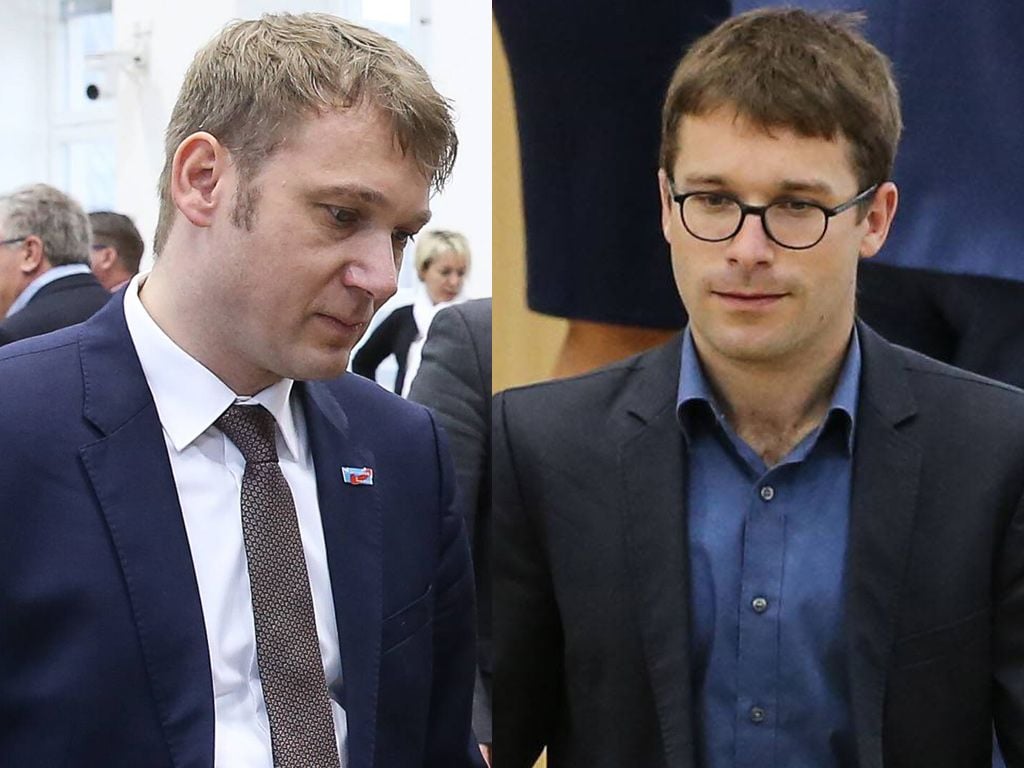 AfD-Fraktionschef André Poggenburg (l.) und Grünen-Innenexperte Sebastian Striegel (r.). Striegel fordert, die Aussagen im Chat der AfD auf strafrechtliche Relevanz prüfen zu lassen.