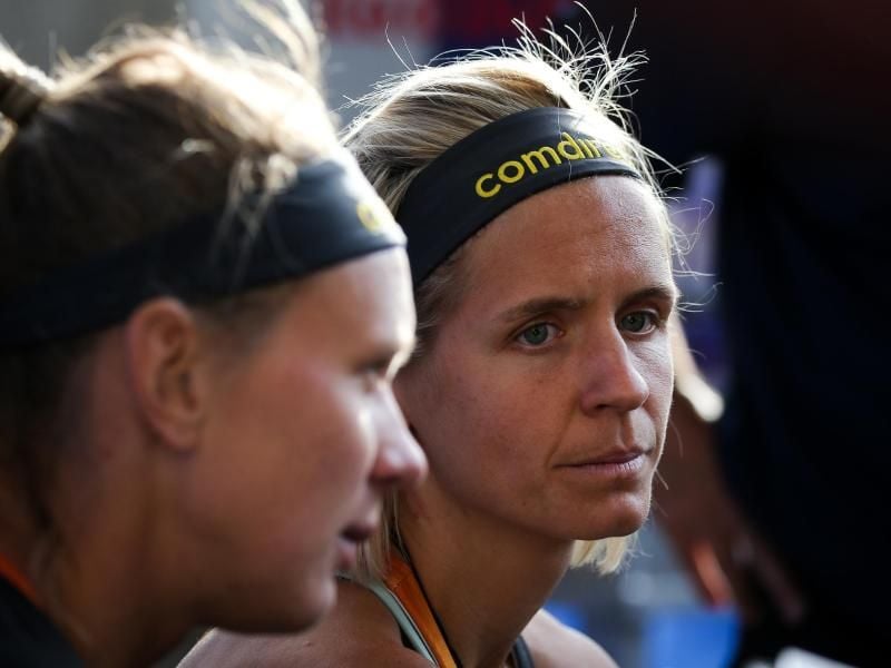 Sind beim Beachvolleyball-Major in Wien im Viertelfinale: Laura Ludwig (r) und Margareta Kozuch. Foto: Christian Charisius