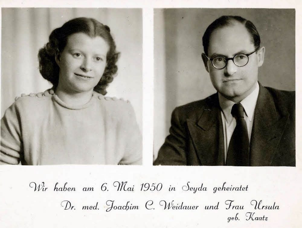 Dr. med. Joachim C. Weidauer und seine Frau Ursula, geborene Kaatz, die am 6. Mai 1950 in Seyda heirateten