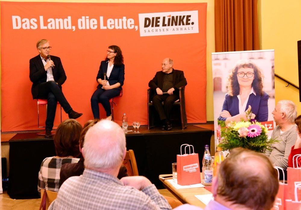 Bartsch (l.), Gantz und Gysi in Eisleben
