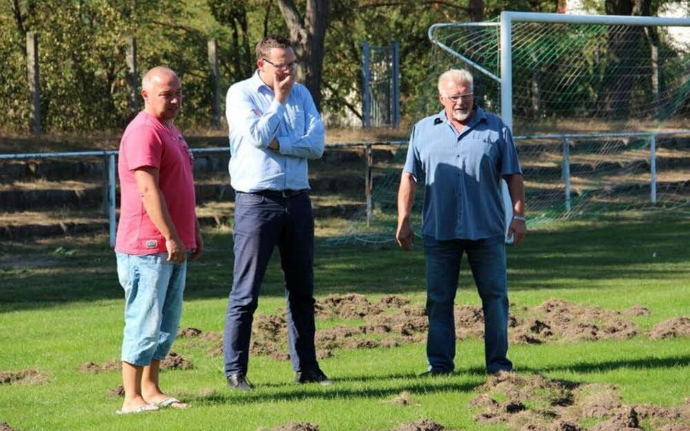 René Gommert und Eckhard Winster (re.) vom SV Blau-Rot Coswig zeigen Bürgermeister Axel Claus, wo die Wildschweine alles zerwühlt haben.