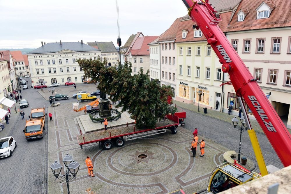 Eisleben: Mit einem Kran wird der Weihnachtsbaum vom Transporter auf den Markt gehoben.