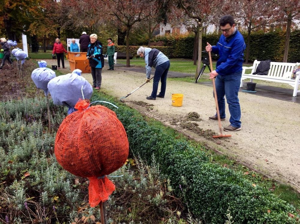 Viele Helfer packen im Rosarium mit an. Die Hochstämmchen sind inzwischen schon warm eingepackt mit bunten Zipfelmützen.