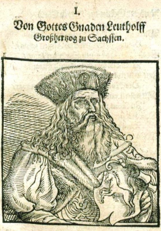 Herzog Liudolf von Sachsen - der erste Herzog von Sachsen, Holzschnitt nach dem Porträt in der Stammstube des Schlosses, 1562 in Wittenberg von Johann Agricola veröffentlicht