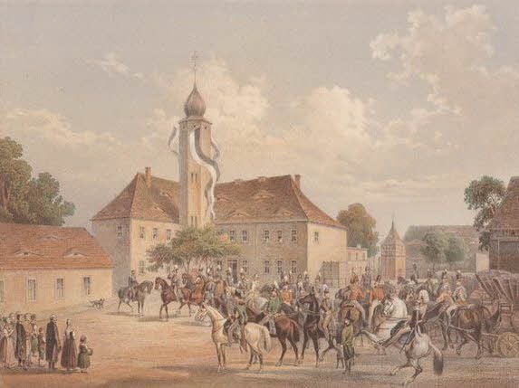 Die Lithografie von 1857/83 zeigt die noch prächtige Würdenburg in Teutschenthal während eines Militärmanövers.