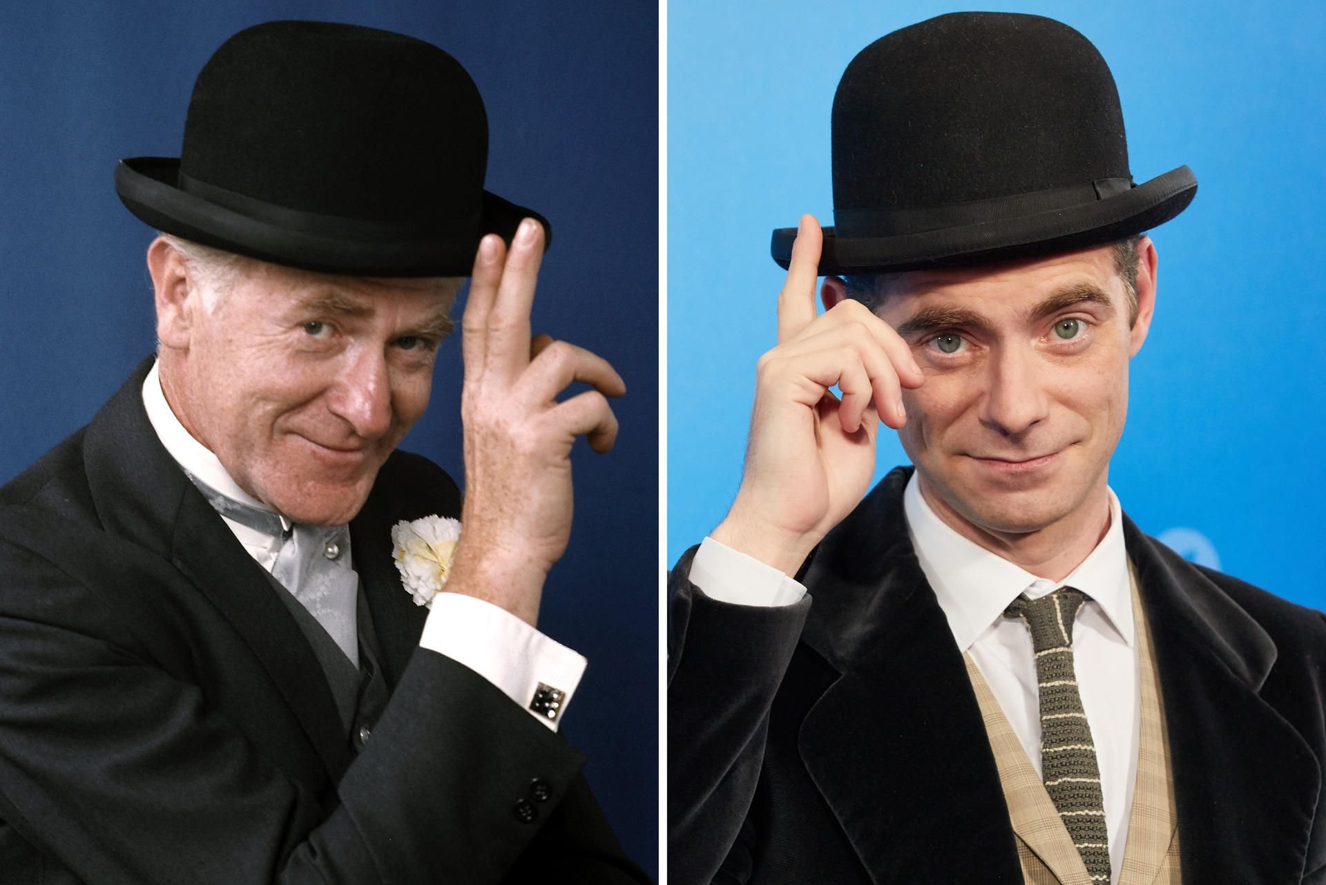 Der tschechische Schauspieler Otto Simanek (links) in seiner Rolle als „Pan Tau“ (aufgenommen 1979) und der neue Pan Tau Matt Edwards, britischer Stand-up-Comedian und Zauberer.