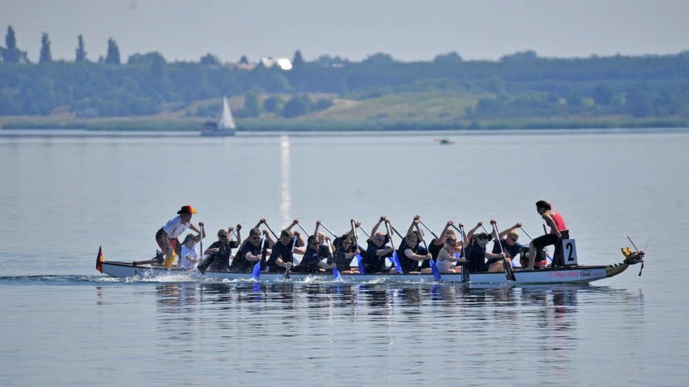 Volle Fahrt voraus: Ein Drachenboot beim Rennen auf der Goitzsche.