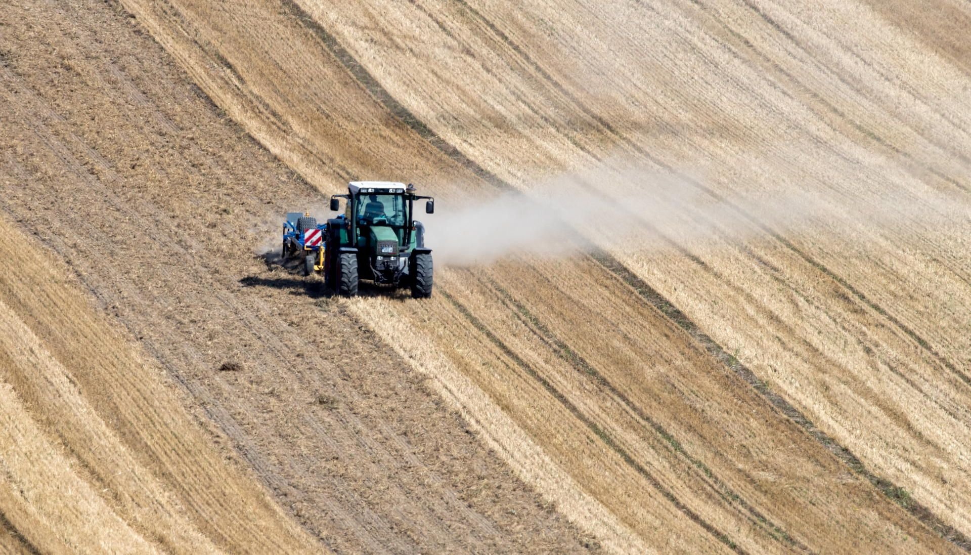 Eine Traktor zieht beim Striegeln auf einem abgeernteten Getreidefeld eine Staubwolke hinter sich her.