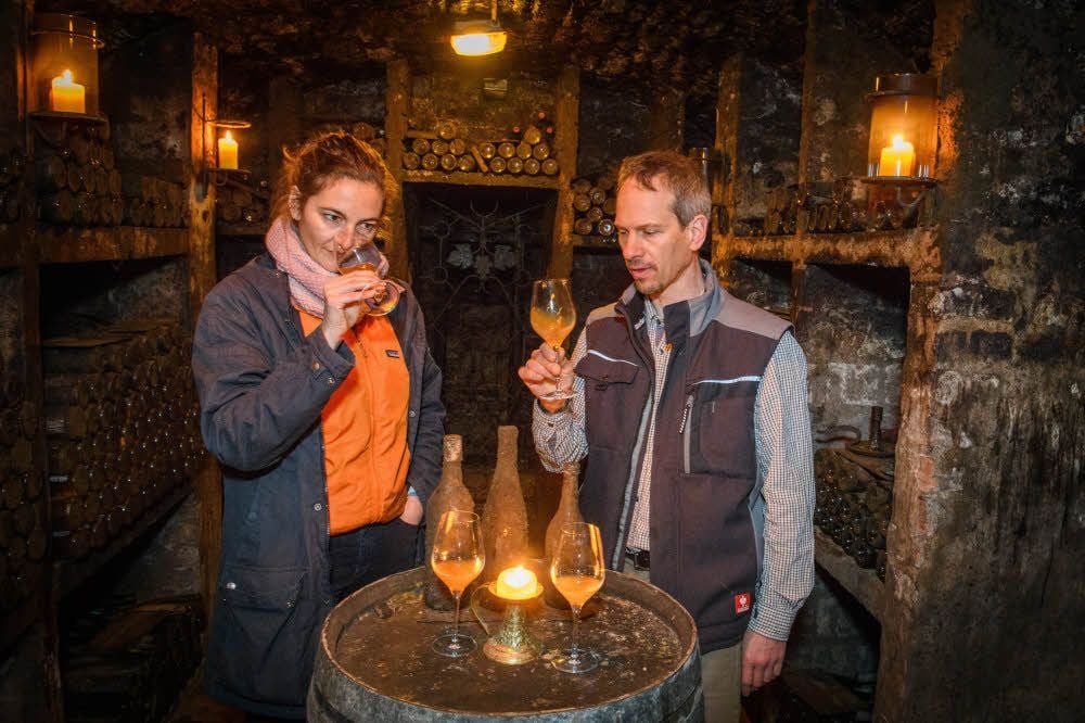 Im historischen Weinarchiv im Keller des Landesweingutes Kloster Pforta probieren Weinbauleiterin Franziska Zobel und Kellermeister Olaf Stintzing den Eiswein, der sich allerdings noch in der Gärung befindet.