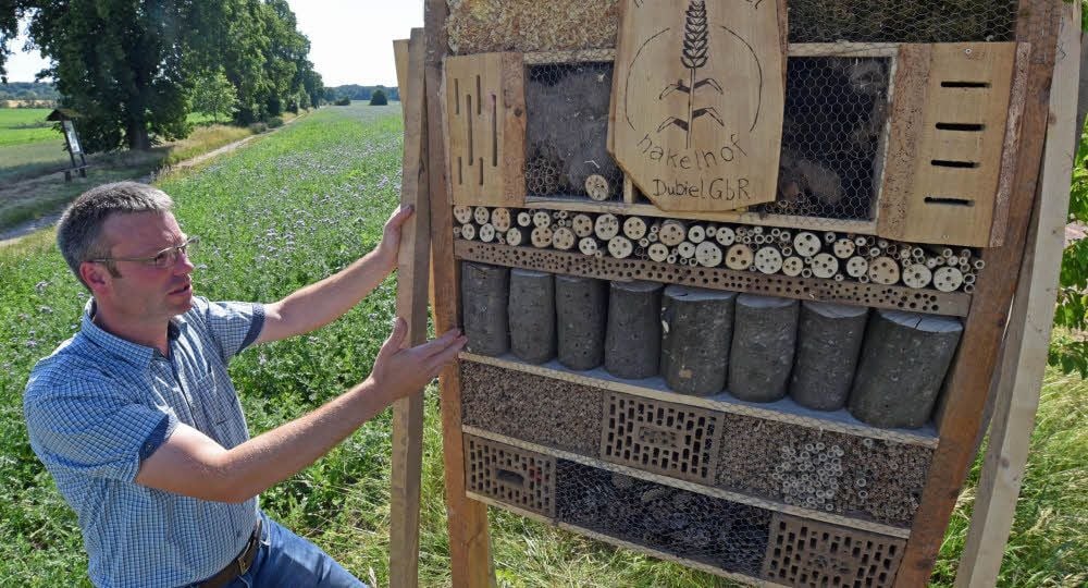 Martin Dubiel aus Cochstedt mit seinem riesigen Insektenhotel.