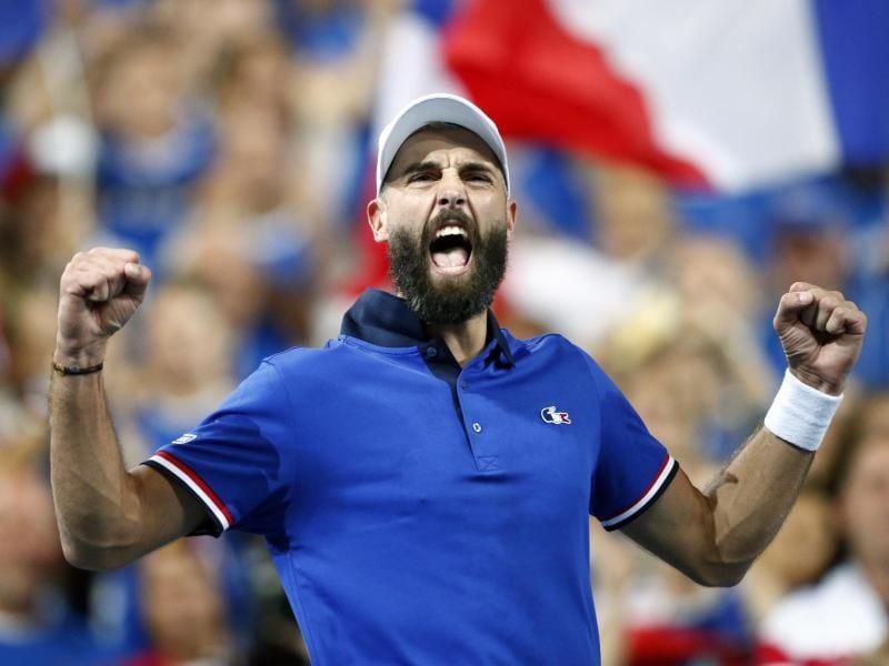 Benoit Paire aus Frankreich jubelt über seinen Sieg im Spiel gegen den Sapnier Pablo Carreno-Busta. Foto: Michel Spingler/AP