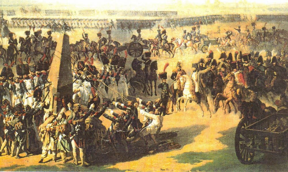 Die Gedenksäule für den Sieg der Preußen über die Franzosen 1757 wird nach Paris geschafft. Dieses Bild hängt im Schloss Versailles.