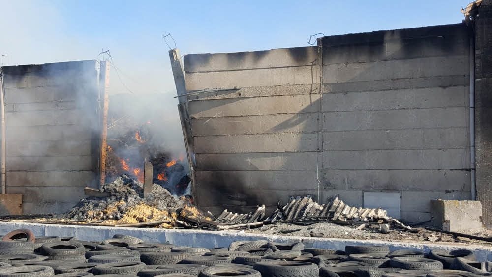 Auch noch am Tag nach dem Brand schlagen Flammen aus dem Stall. Die Feuerwehr will ihn kontrolliert abbrennen lassen.