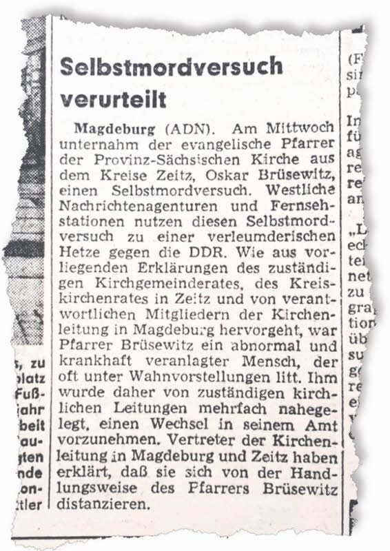 Ein abfotografierter Zeitungsausschnitt zur Tragödie von Oskar Brüsewitz.