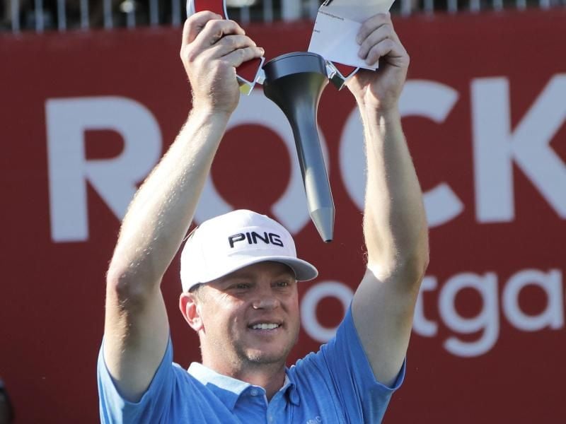 Nate Lashley jubelt über seinen Turniersieg in Detroit. Foto: Carlos Osorio/AP
