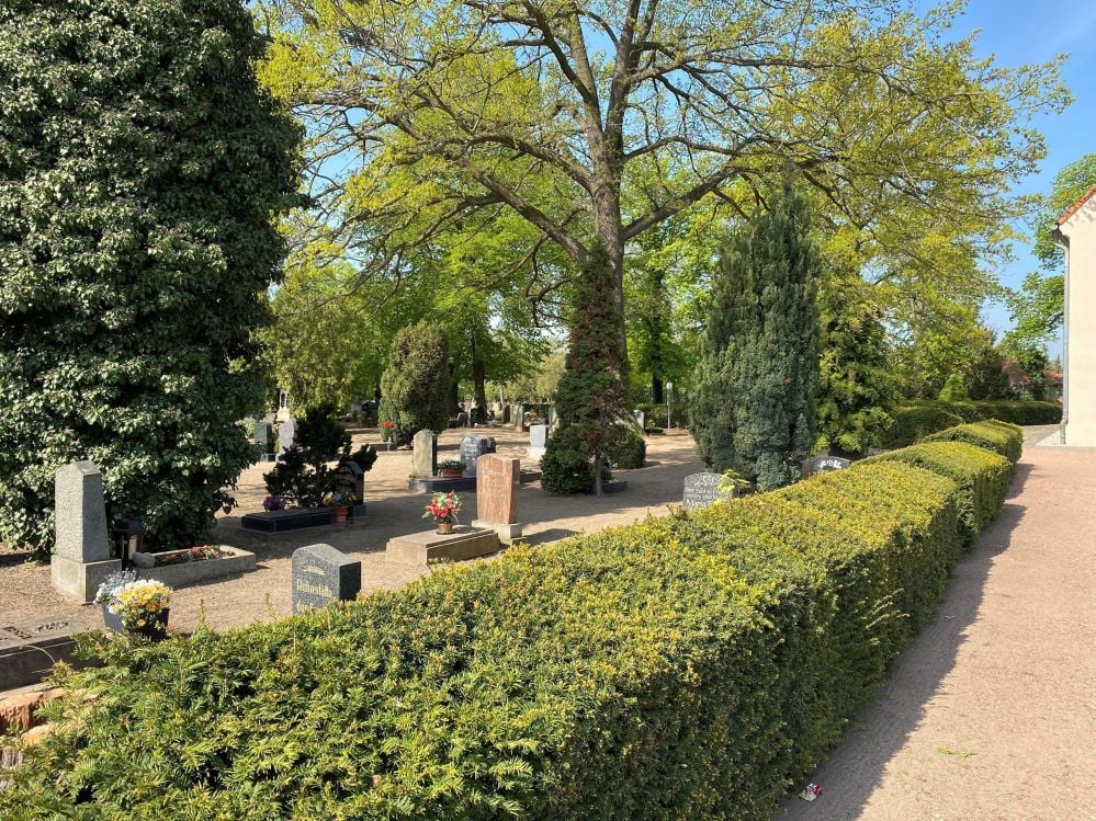 Bei Beerdigungen, hier die Urnengräberanlage am Eingang zum Jessener Friedhof, ist wie überall der Mindestabstand unter den Teilnehmern von 1,50 Metern einzuhalten. Bestatter bestätigen: Das klappt in aller Regel. Das Verständnis der Angehörigen dafür ist groß.