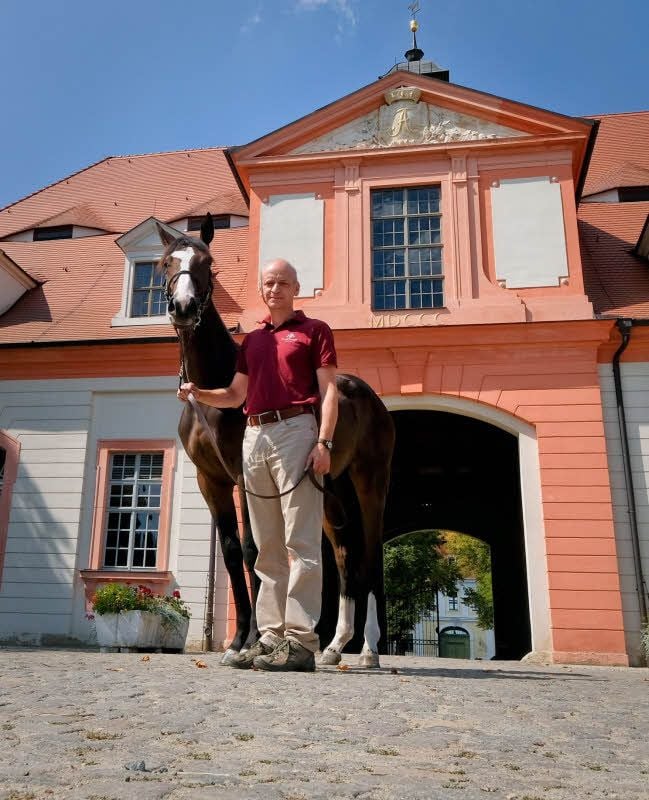 Matthias Tandler vor dem Eingangstor des Torgauer Gestüts in Graditz, östlich der Elbe.