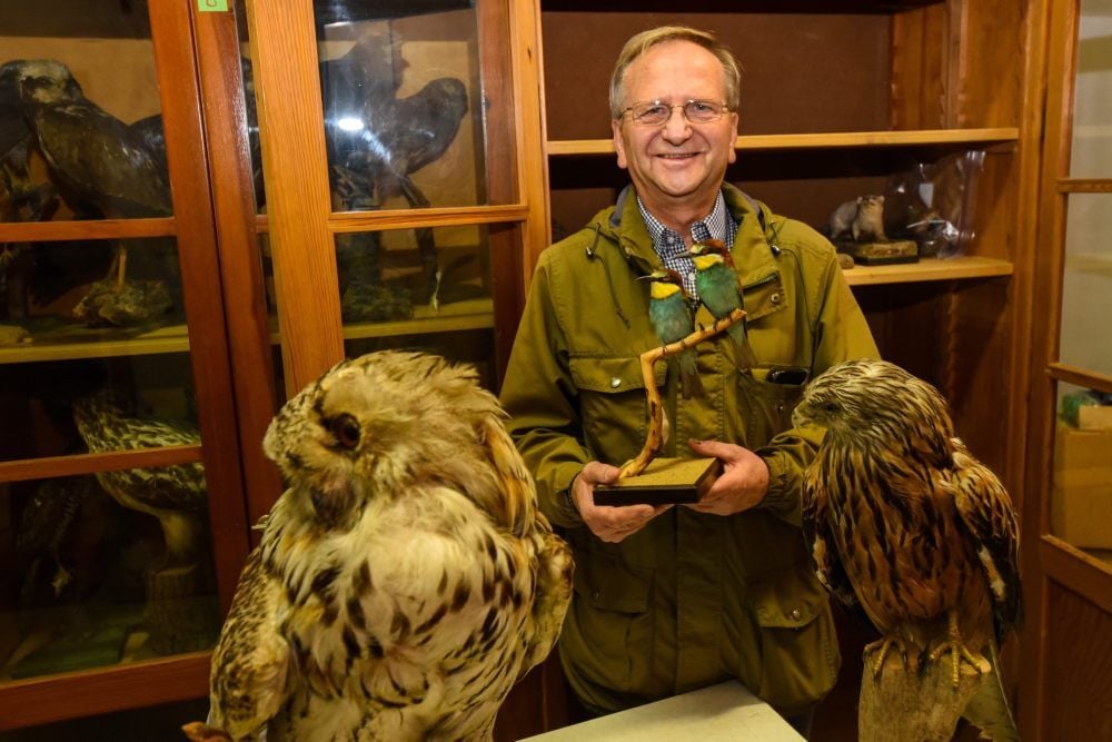 Udo Schwarz mit den beiden Bienenfressern umgeben von weiteren Präparaten, die gerettet wurden.