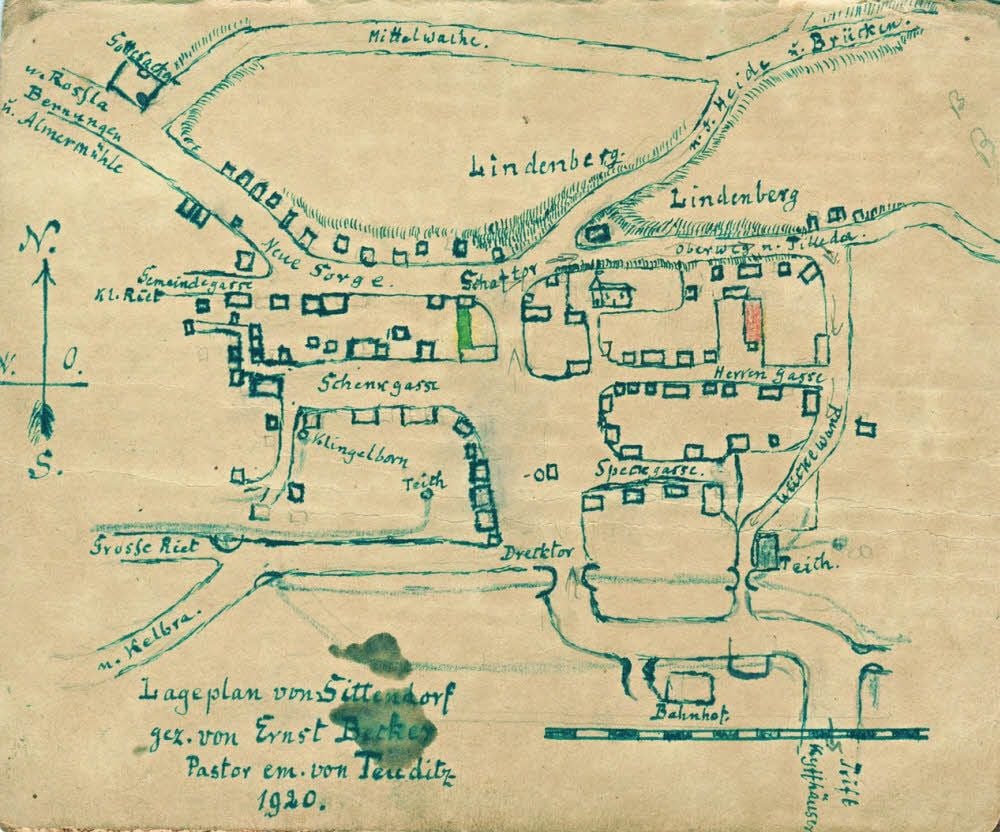 Der 1920 von Pfarrer Becker gezeichnete Ortslageplan ist eine Fundgrube für die Heimatfreunde in Sittendorf.