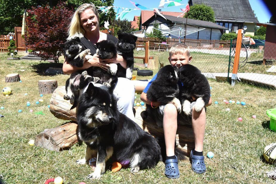 Christiane Staat mit ihrem Sohn Marko, fünf Welpen und Hündin Bell.