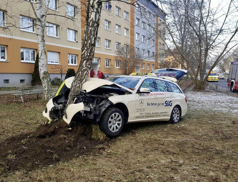 Das Taxi war gegen eine Birke gekracht, die auf einer Wiese steht.