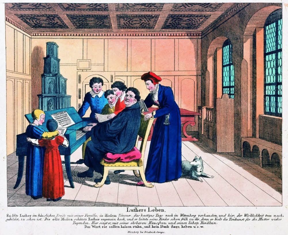 Der Anti-Asket Luther im Kreis seiner Familie, kolorierte Radierung von 1825