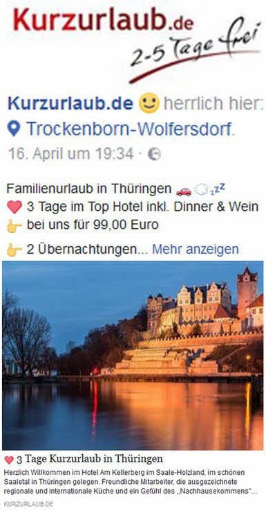Im Netz wird für eine Übernachtung in Thüringen mit Bild vom Bernburger Schloss geworben.