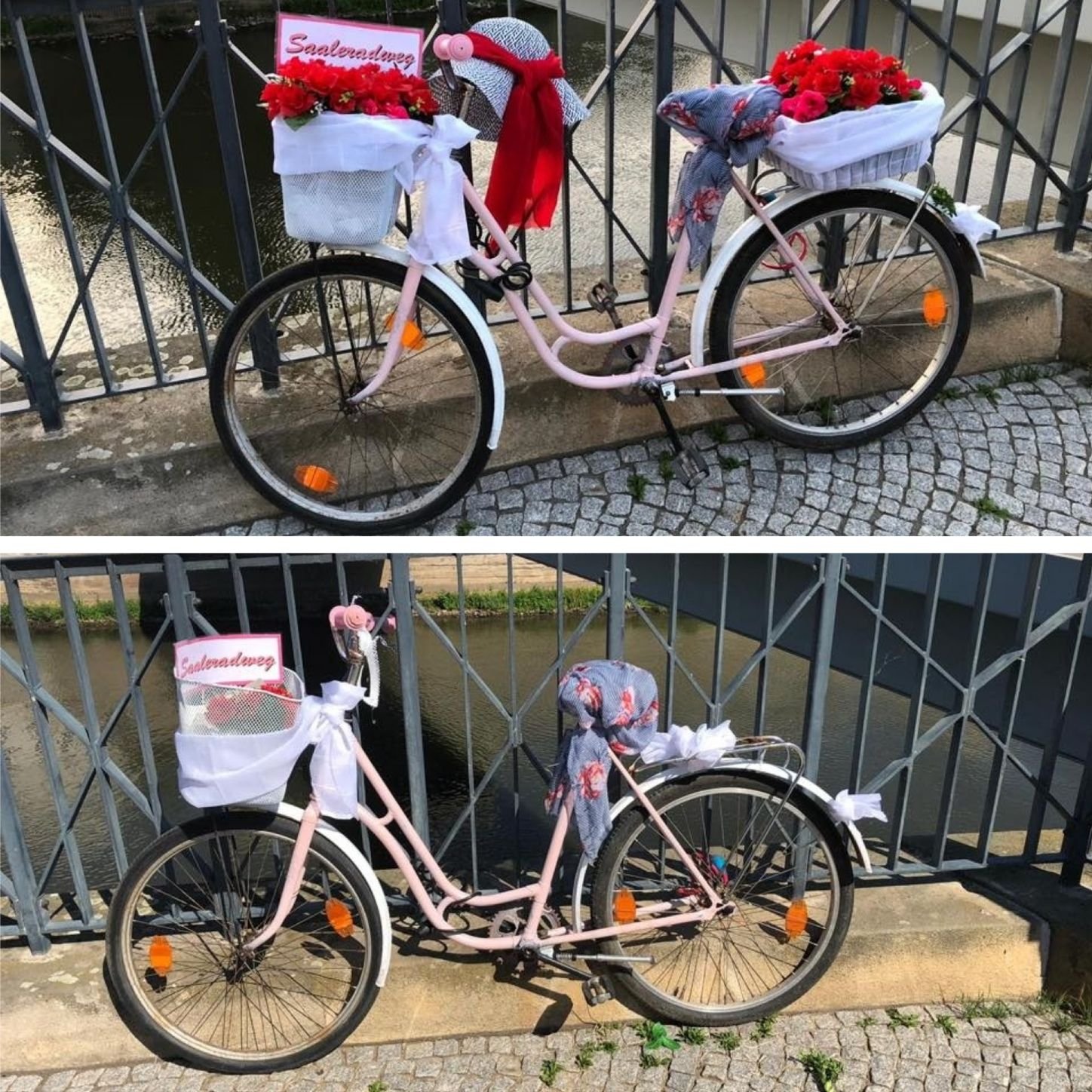 Das geschmückte Fahrrad auf der Marktbrücke in Bernburg zog am Samstag viele Blicke auf sich, nur wenige Stunden später war nur noch wenig von der Dekoration übrig.