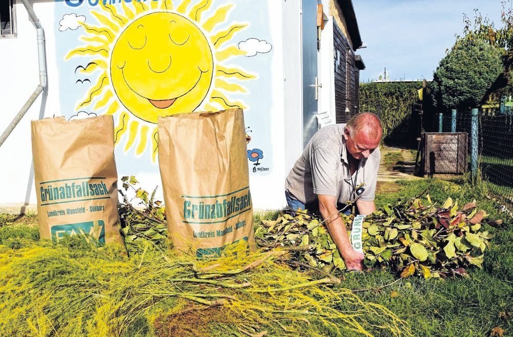 In der Gartensparte „Sonnenschein“ in Hettstedt wird der Grünschnitt regelmäßig abgeholt. Hier bündelt Lutz Sehnert den Grünschnitt.