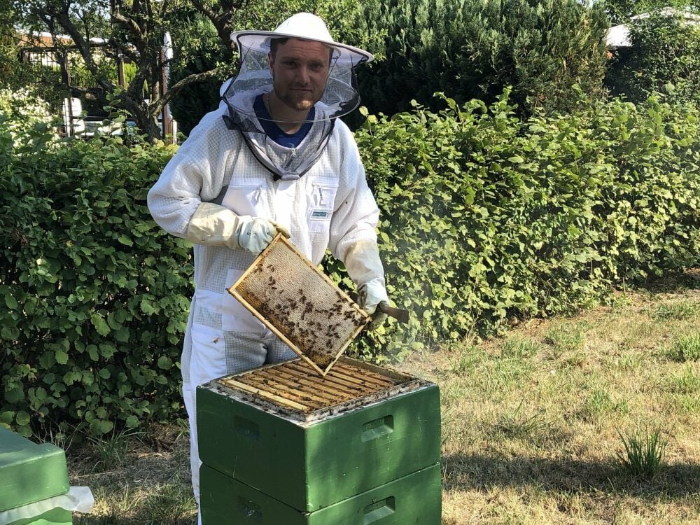 Jungimker Felix Gadow hat insgesamt fünf Völker. Der Biologiestudent liebt das praktische Arbeiten mit den rund 50.000 Bienen.