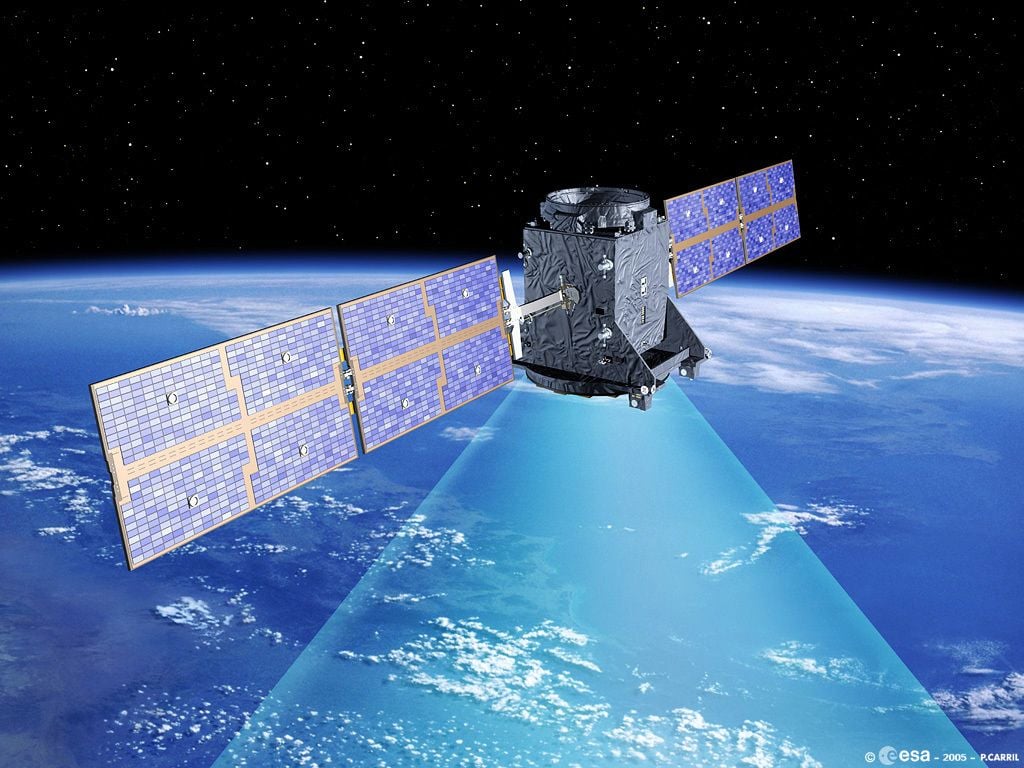Die künstlerische Darstellung zeigt einen GIOVE-A-Satelliten, der als erster Satellit des europäischen Navigationssystems Galileo im Dezember 2005 gestartet wurde.