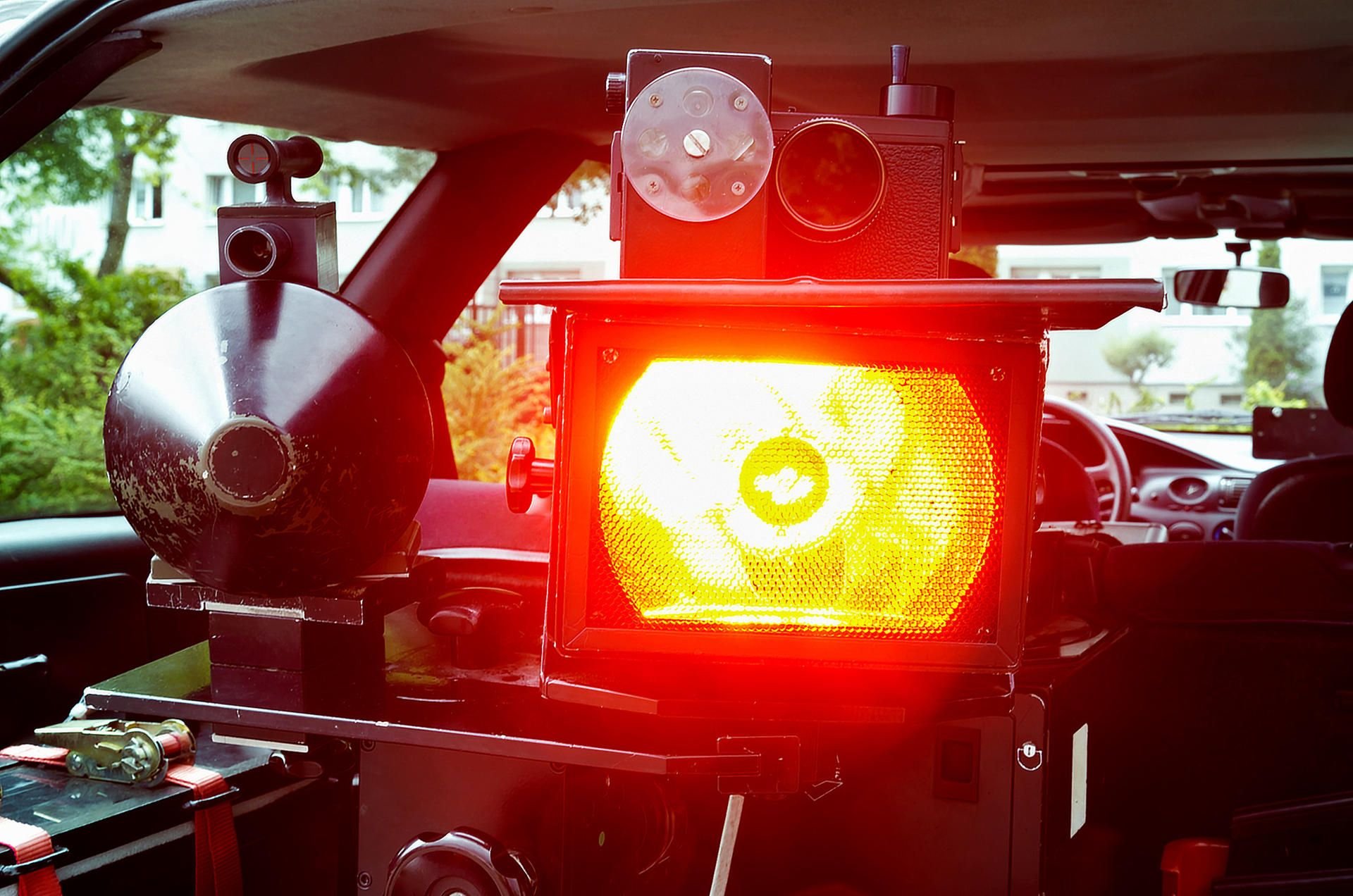 Ein Gerät zur Geschwindigkeitskontrolle steht im Kofferraum eines Autos.