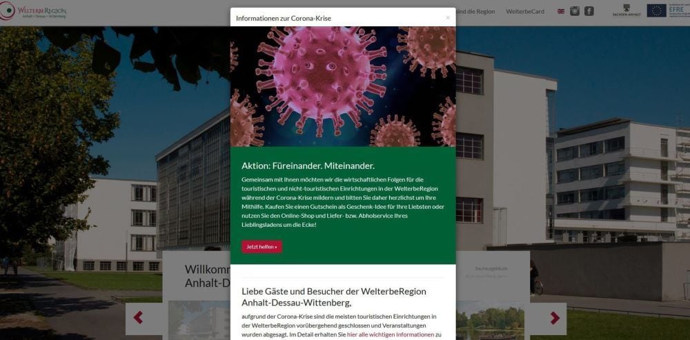 Die Welterbe-Region Anhalt-Dessau-Wittenberg wirbt für die Unterstützung touristischer Einrichtungen. Viele sind geschlossen.