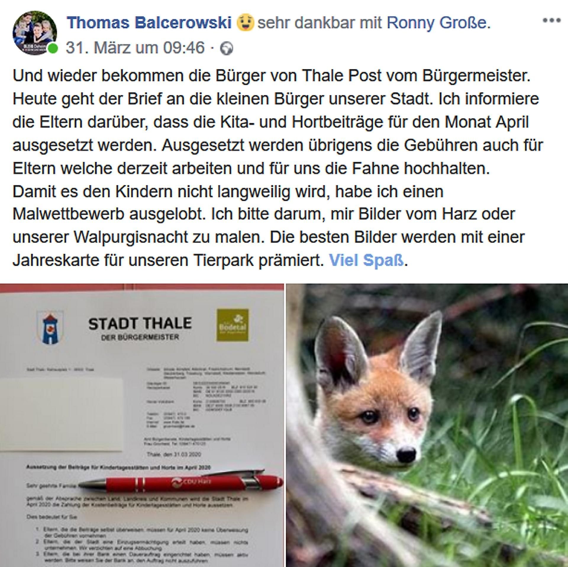 Auf seiner Facebook-Seite hat Thales Bürgermeister Thomas Balcerowski zu einem Mallwettbewerb aufgerufen.
