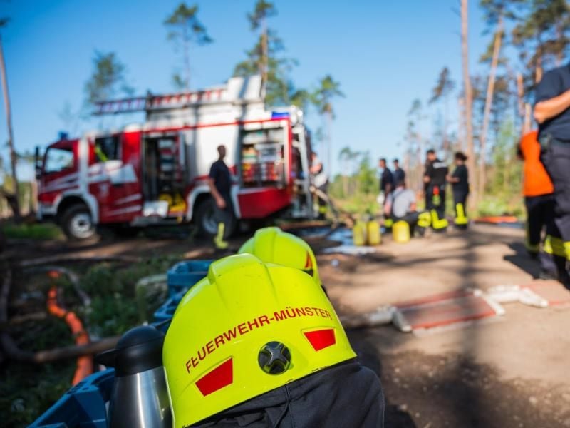 Die Feuerwehr Münster im Einsatz gegen einen Waldbrand bei Münster (Darmstadt-Dieburg). Foto: Andreas Arnold/Archiv