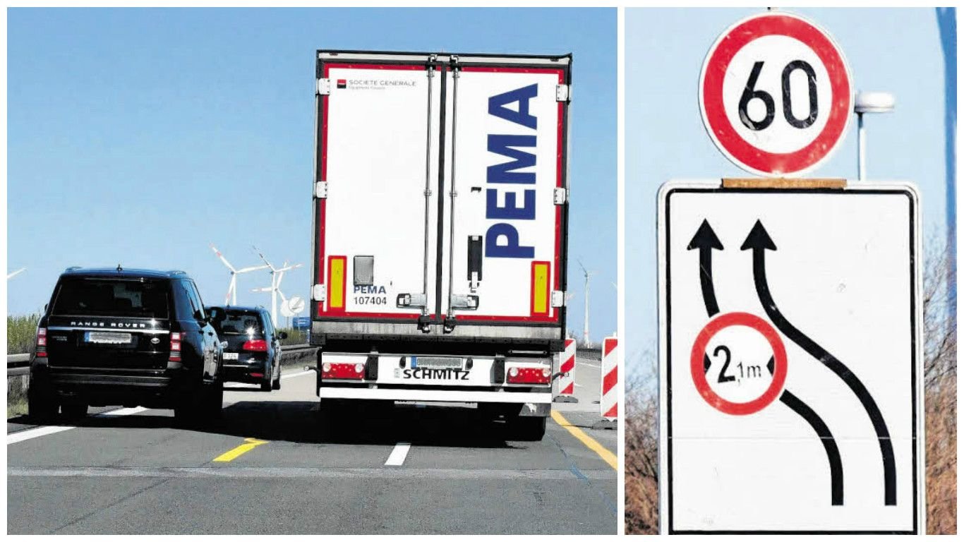 Unfallschwerpunkt Baustelle: Der Geländewagen ist laut Hersteller mit Spiegel 2,22 Meter breit. Deutlich ist zu sehen, wie sich dessen Fahrer am Lkw vorbeidrängelt. Das kostet 70 Euro und einen Punkt in Flensburg.