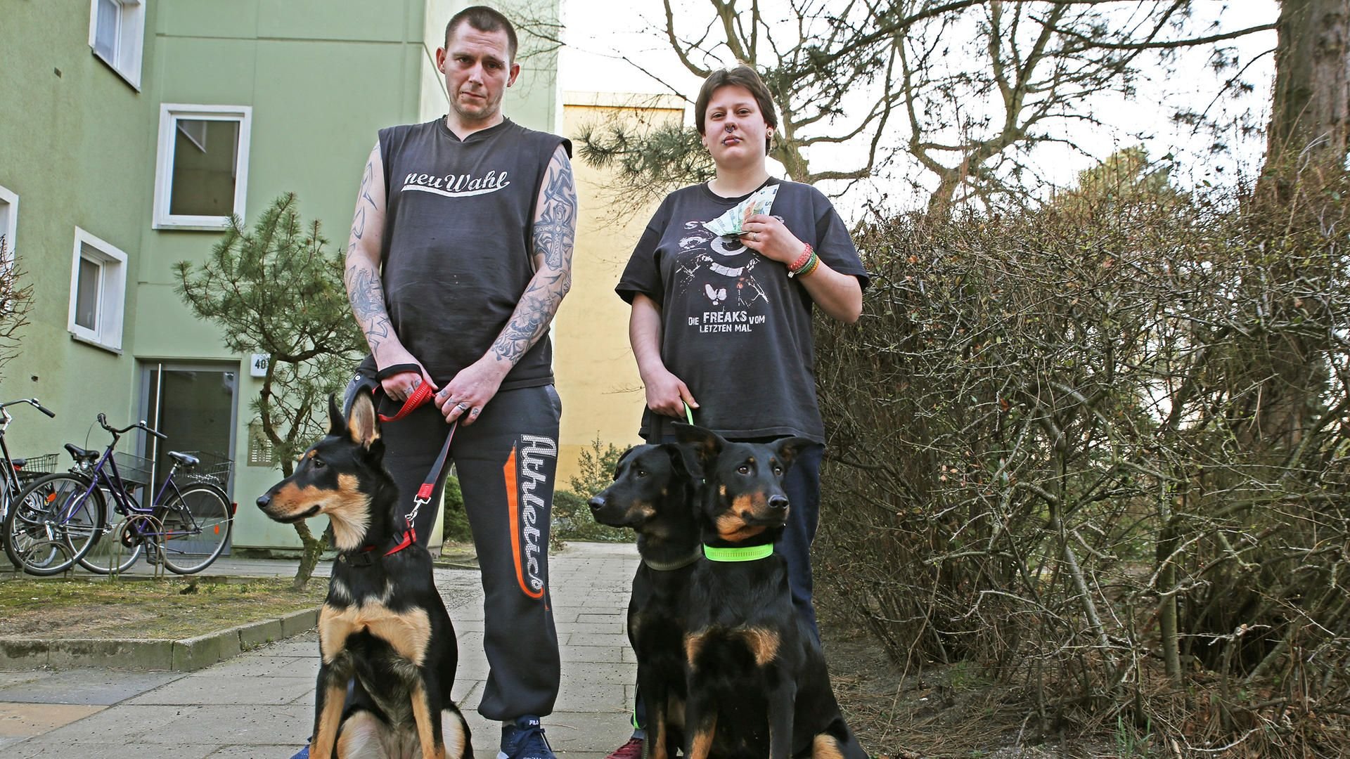 Jule, Daniel und ihre drei Hunde.
