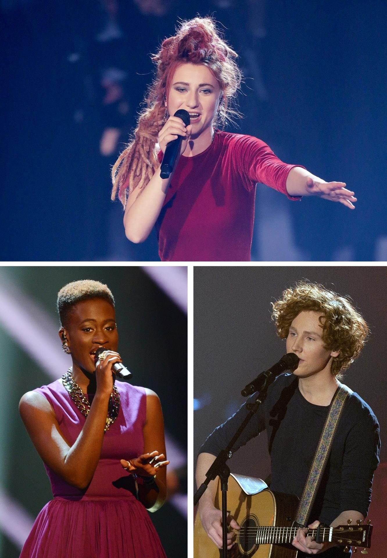Die Bildkombo zeigt die „The Voice of Germany“-Kandidaten Natia Todua (oben) aus Georgien, die Siegerin der ersten Staffel, Ivy Quainoo (unten, l), und Kandidat Michael Schulte.