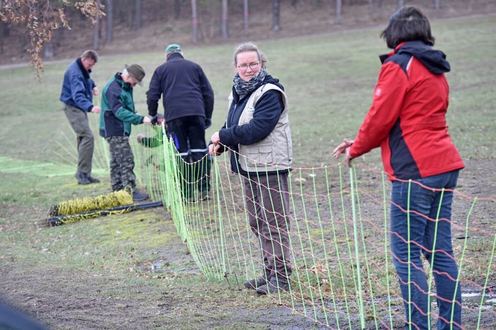 Gemeinsam wird ein Elektroschutzzaun aufgebaut.