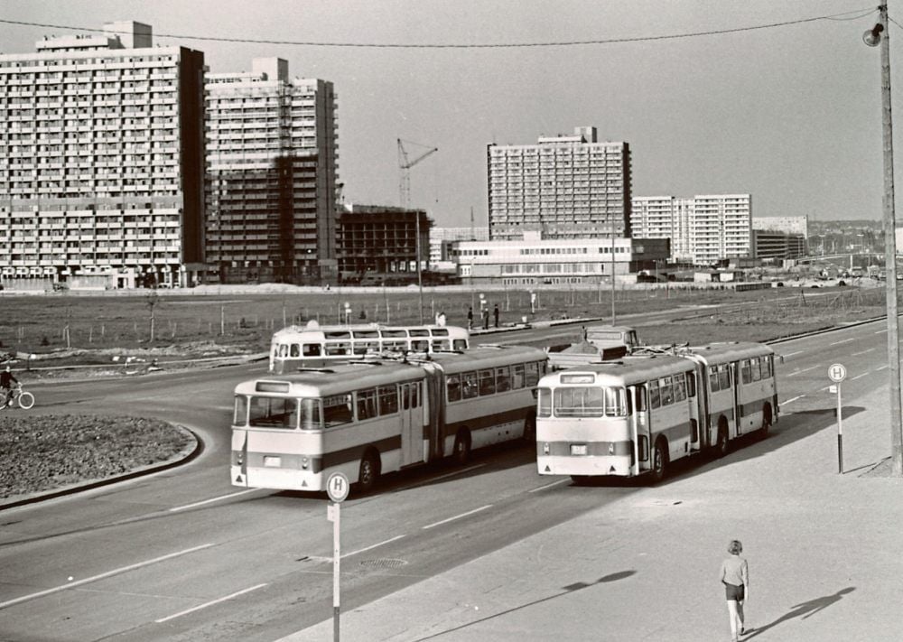 Blick auf das Halle-Neustadt im Jahr 1973. Der Entwurf der Stadt im Westen von Halle entstammt der Feder Richard Paulicks.