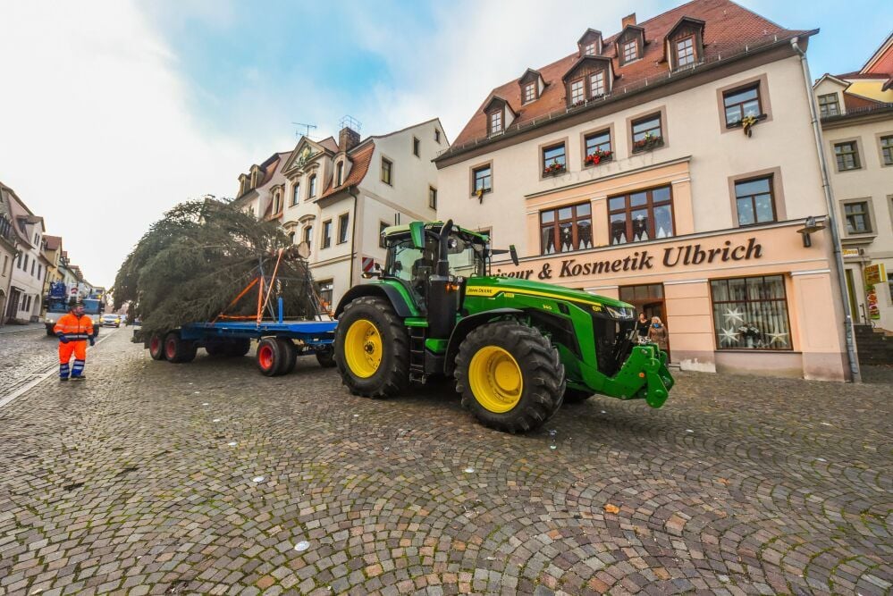 Ein Traktor bringt den Baum die Nebraer Straße entlang zum Markt.