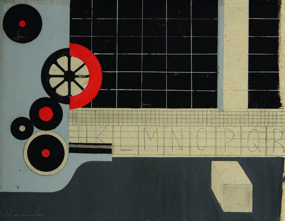 Für das Theater Zwickau entwarf Schawinsky 1927 das Bühnenbild für eine Inszenierung zu Walter Hasenclevers Drama „Mord“ (li.).
