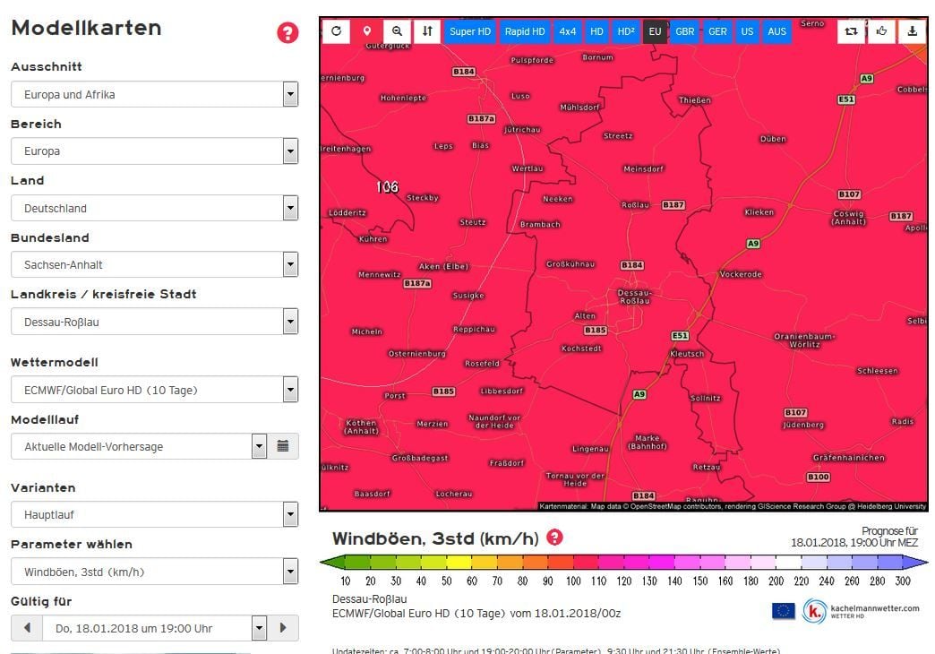 Die Kachelmannvorhersage für Dessau-Roßlau, 19 Uhr: überall sind Windgeschwindigkeiten von über 100 km/h.
