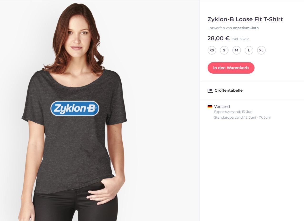 Fragwürdiges Motiv auf der Homepage von Redbubble: Ein lächelndes Model präsentiert ein Zyklon B-Shirt.