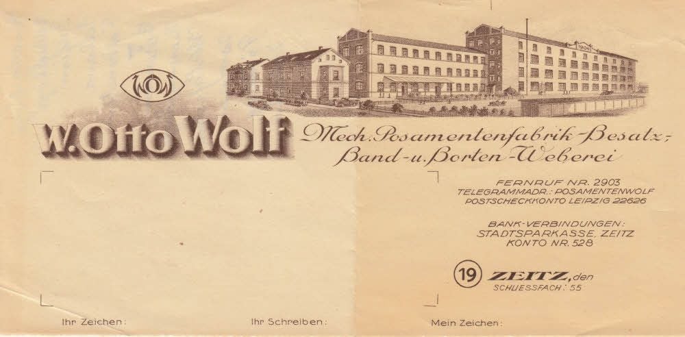 So zeigte sich über viele Jahrzehnte der Briefkopf des bereits 1899 gegründeten Zeitzer Unternehmens W. Otto Wolf.